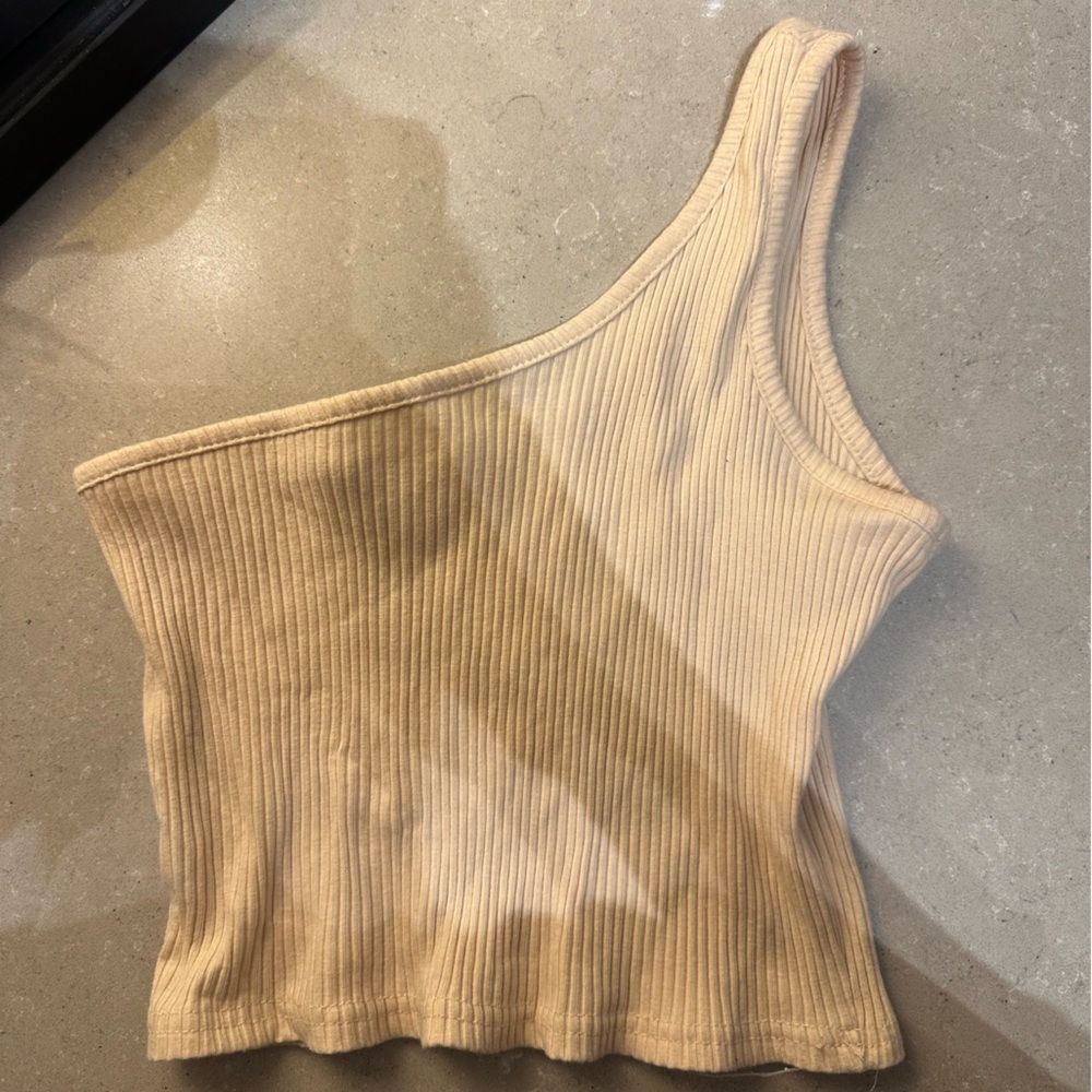 Ribbed One-Shoulder Crop Top - Beige